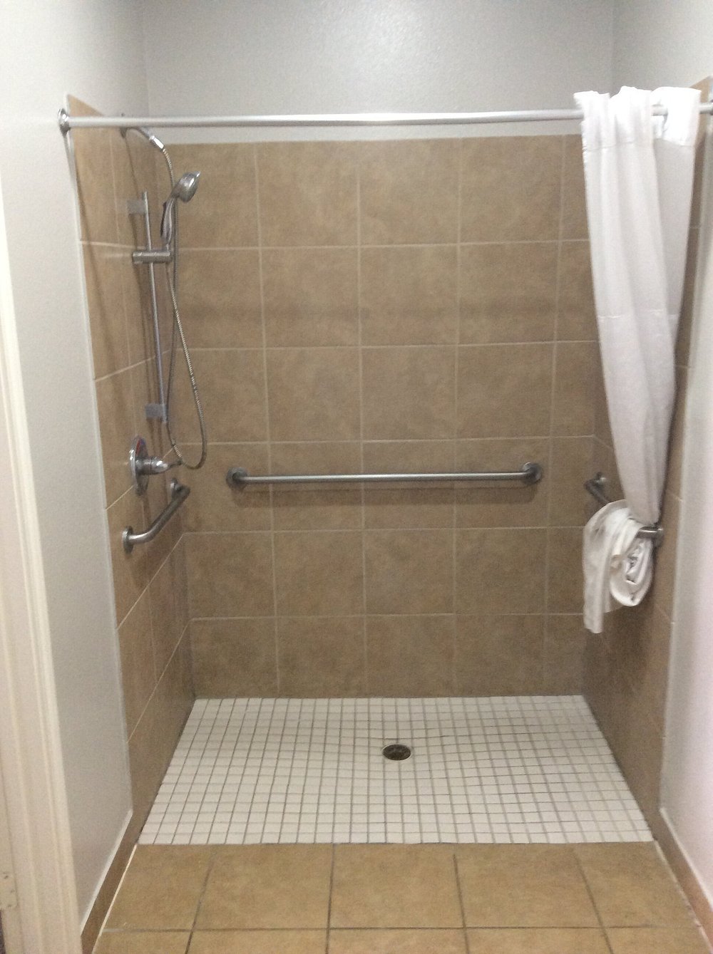 Roll-in shower with grab bars in an accessible bathroom